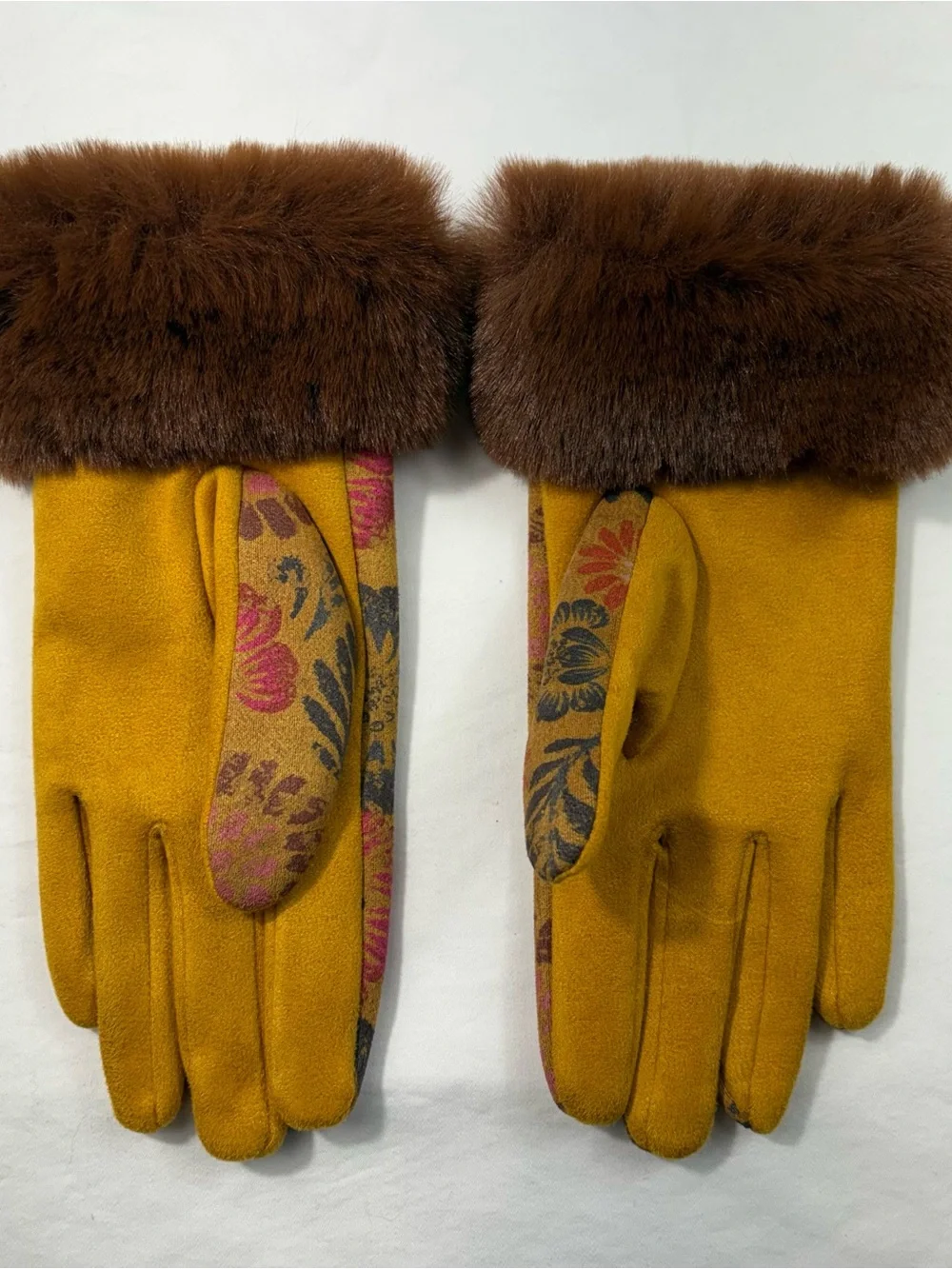 Powder UK Bernadette Fur Cuff Mustard Floral Suede Gloves Art Deco Eccentricity